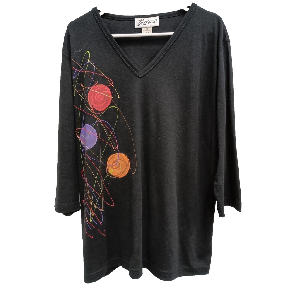 Victoria Wearable Art Tunic Top Womens 1X Black Abstract 3/4 Sleeve Eclectic
